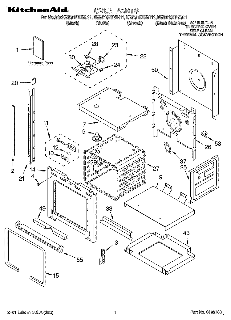 OVEN, LITERATURE Diagram and Parts List for KEBS107DBL11  KitchenAid Wall Oven