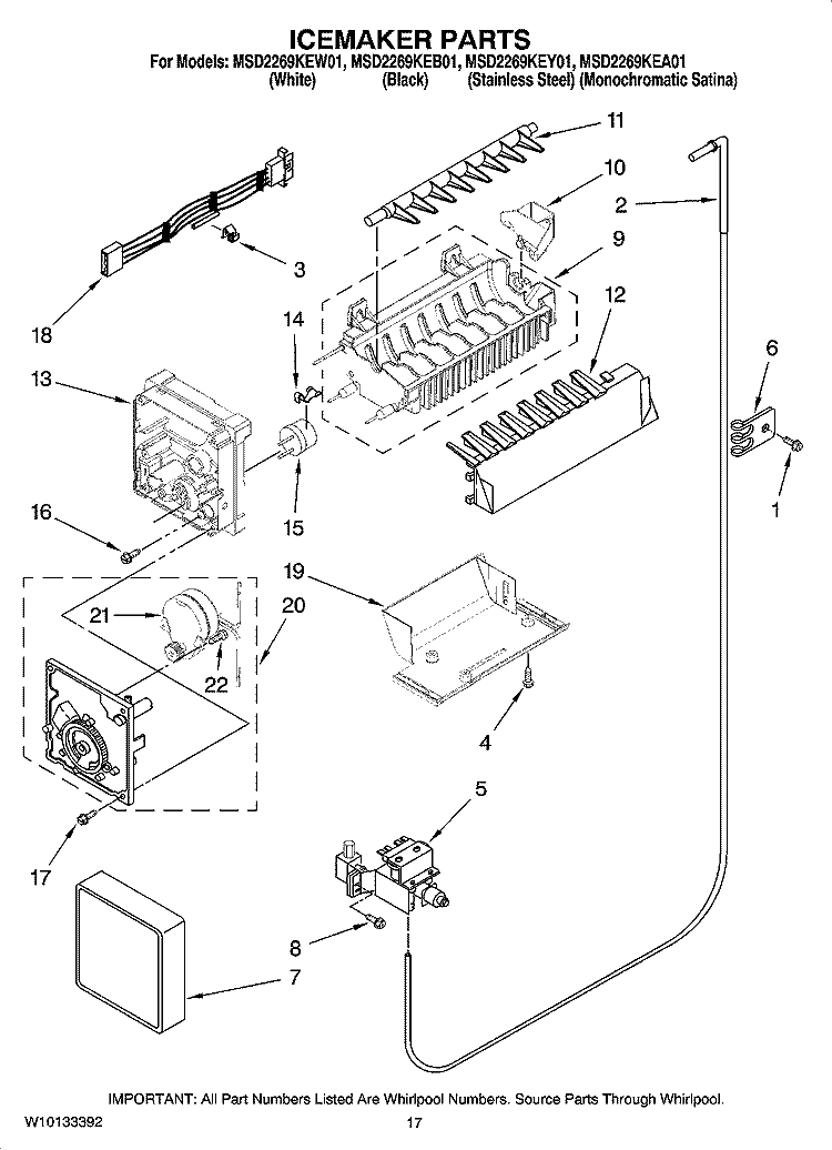 ICEMAKER PARTS Diagram and Parts List for MSD2269KEB01  Whirlpool Refrigerator