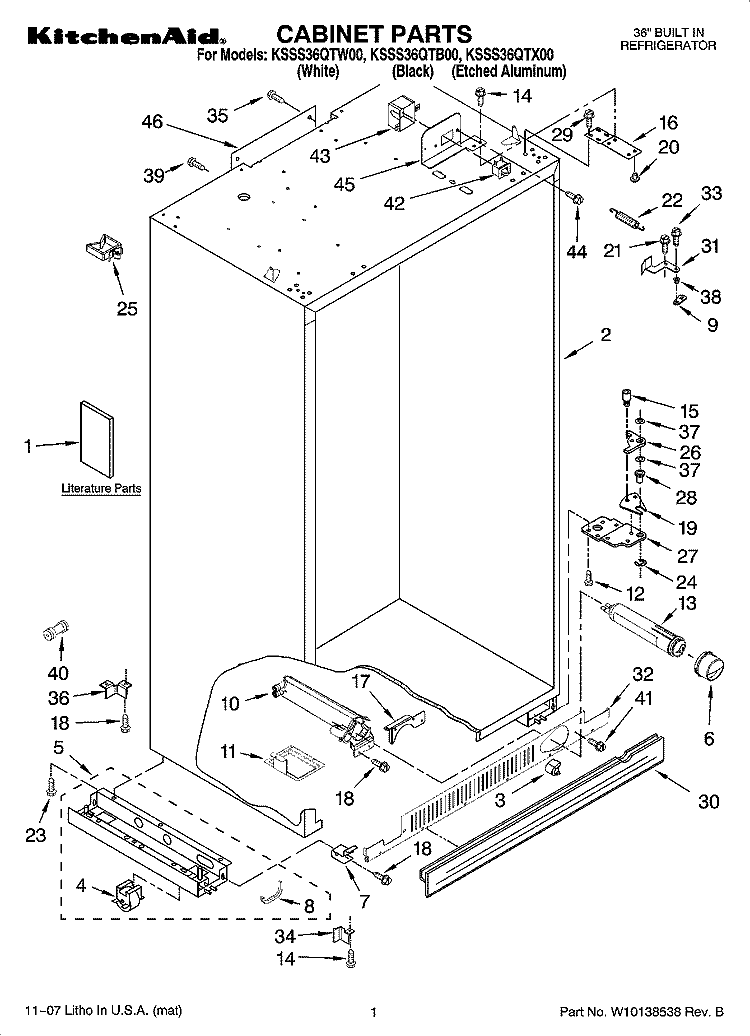 CABINET PARTS Diagram and Parts List for KSSS36QTB00  KitchenAid Refrigerator