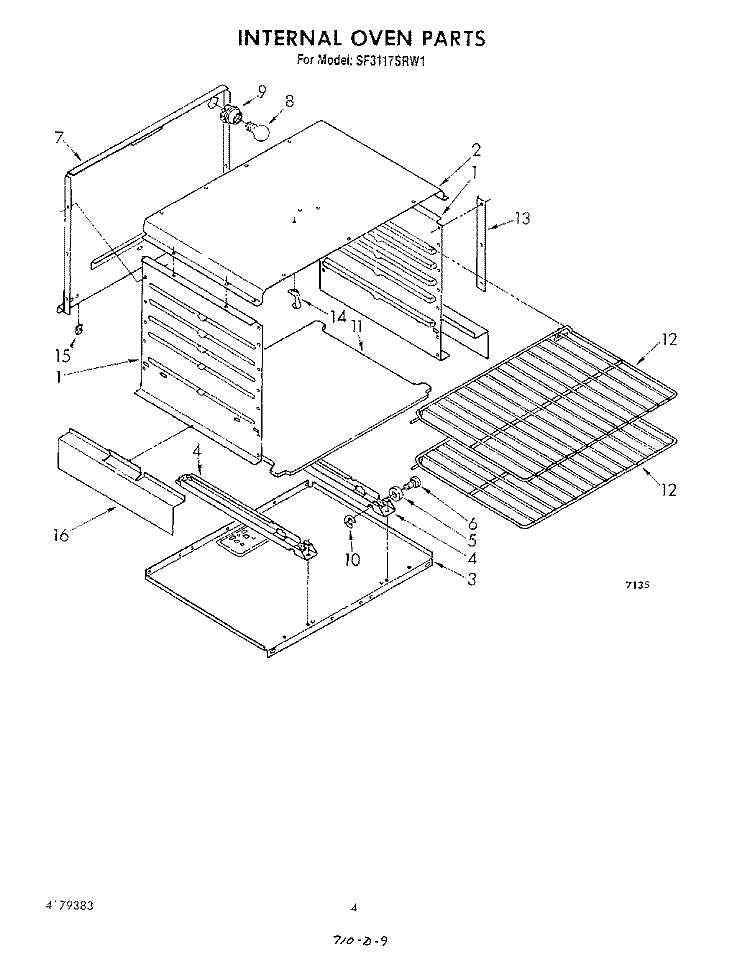 INTERNAL OVEN Diagram and Parts List for SF3117SRW1  Whirlpool Range