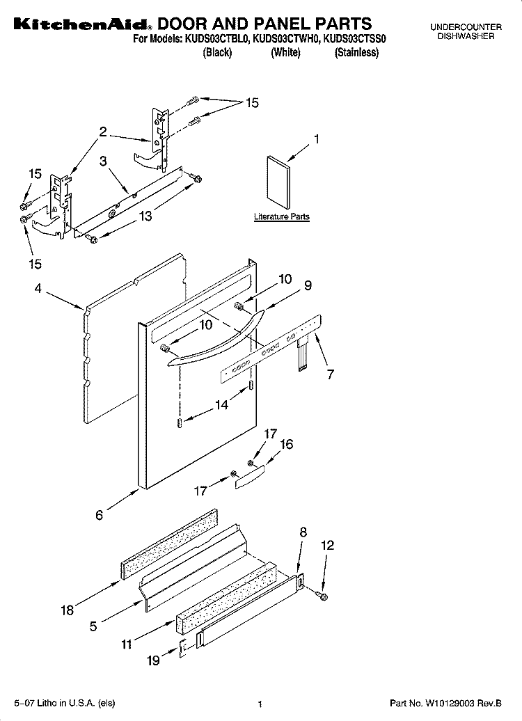 DOOR AND PANEL PARTS Diagram and Parts List for KUDS03CTBL0  KitchenAid Dishwasher