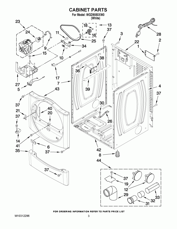CABINET PARTS Diagram and Parts List for WGD9050XW0  Whirlpool Dryer
