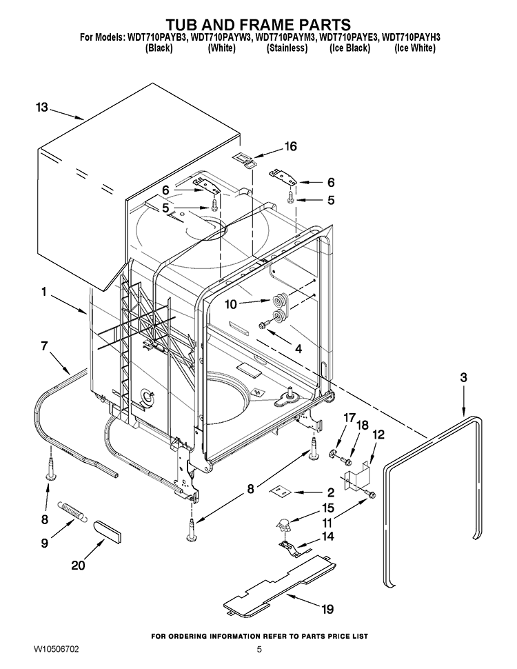 TUB AND FRAME PARTS Diagram and Parts List for WDT710PAYB3  Whirlpool Dishwasher