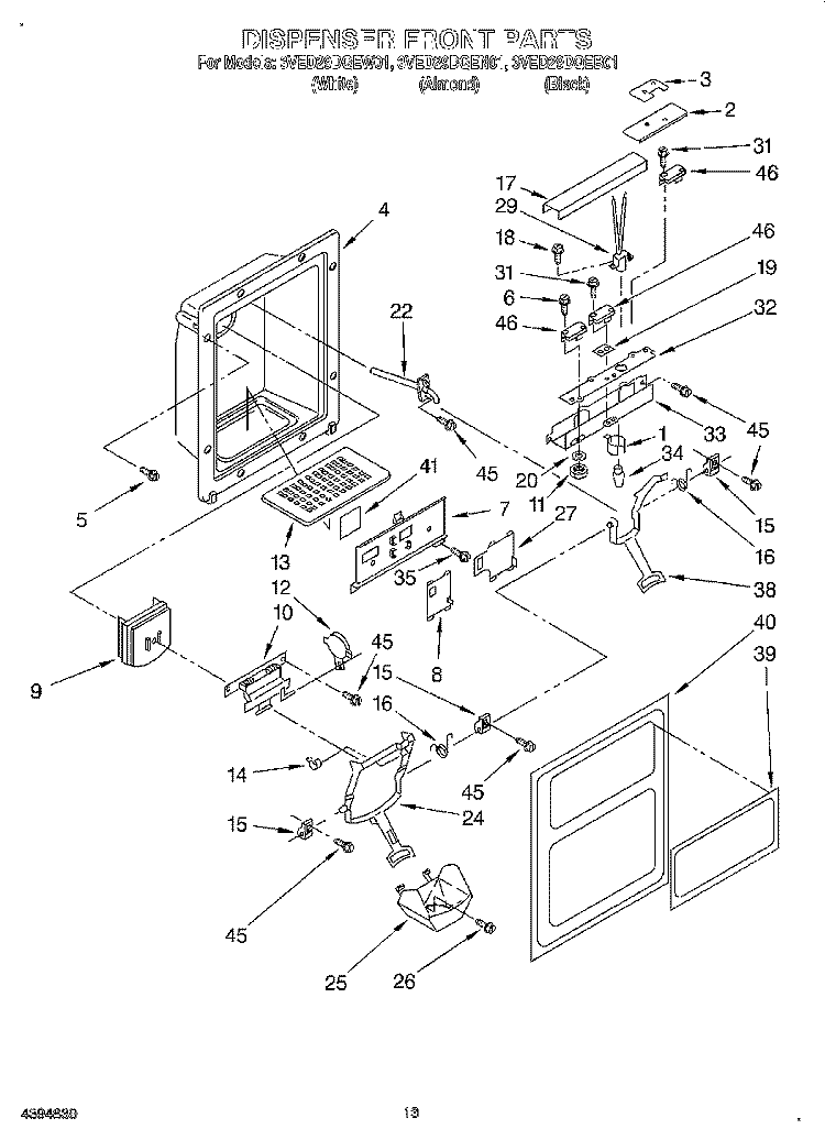 DISPENSER FRONT Diagram and Parts List for 3VED29DQEB01  Whirlpool Refrigerator