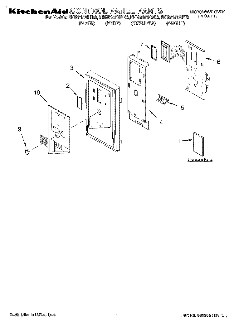 CONTROL PANEL, LITERATURE Diagram and Parts List for KHMS147HBL0  KitchenAid Microwave