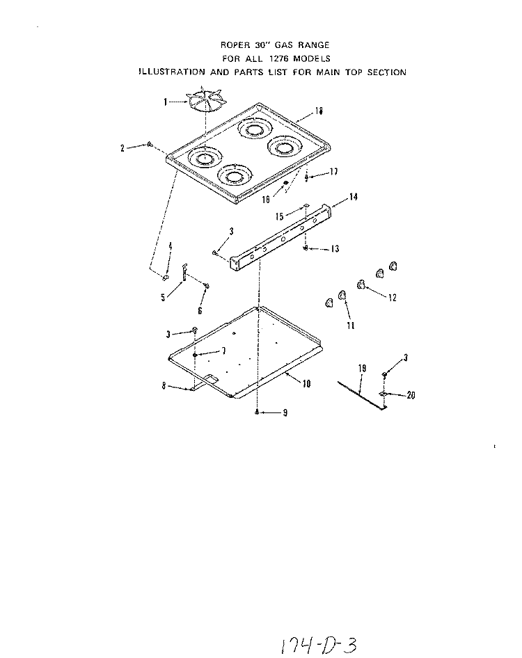 MAIN TOP Diagram and Parts List for 1276W0A  Roper Range