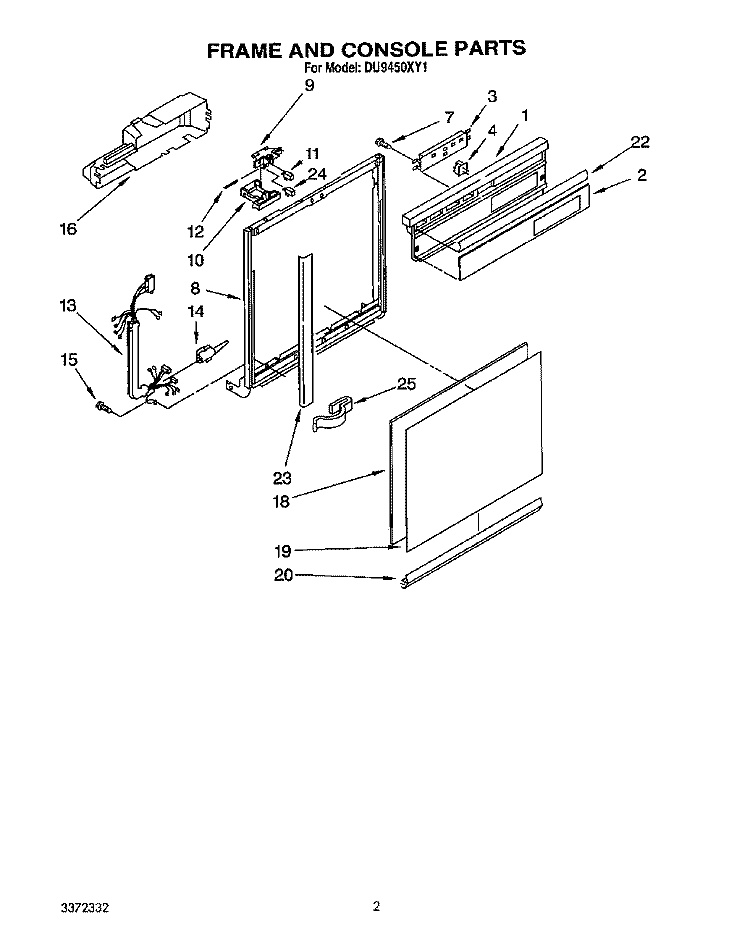 FRAME AND CONSOLE Diagram and Parts List for DU9450XY1  Whirlpool Dishwasher