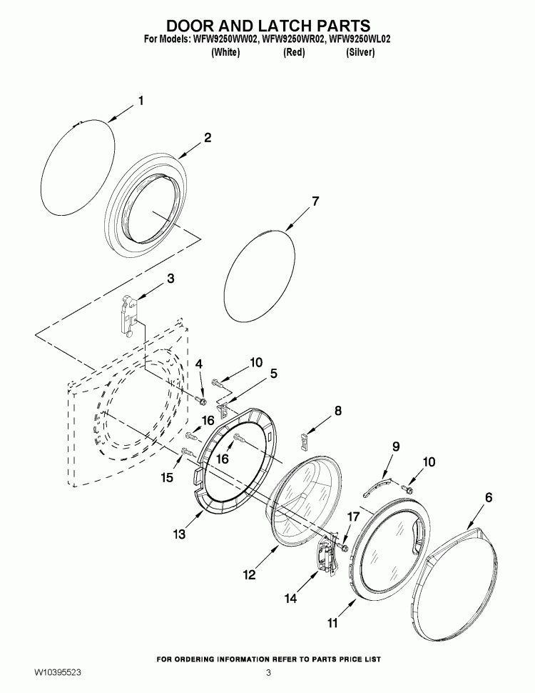 DOOR AND LATCH PARTS Diagram and Parts List for WFW9250WL02  Whirlpool Washer