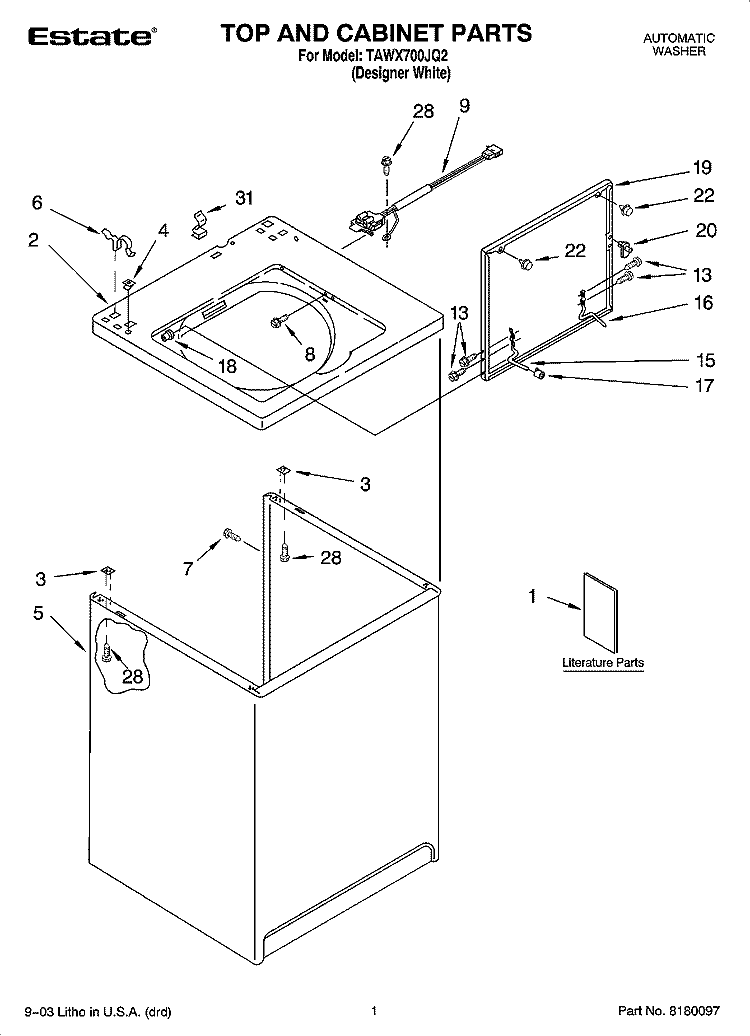 TOP AND CABINET PARTS Diagram and Parts List for TAWX700JQ2  Estate Washer