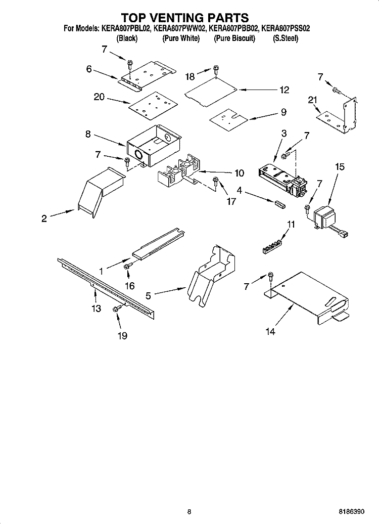 TOP VENTING PARTS, OPTIONAL PARTS Diagram and Parts List for KERA807PBL02  KitchenAid Range