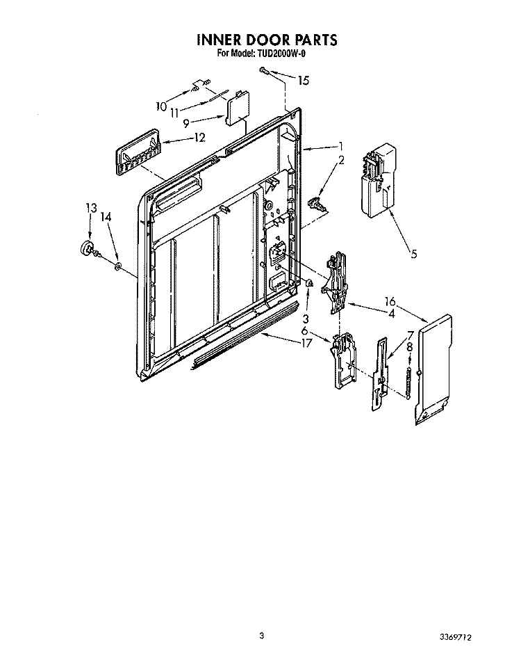 INNER DOOR Diagram and Parts List for TUD2000W0  Whirlpool Dishwasher