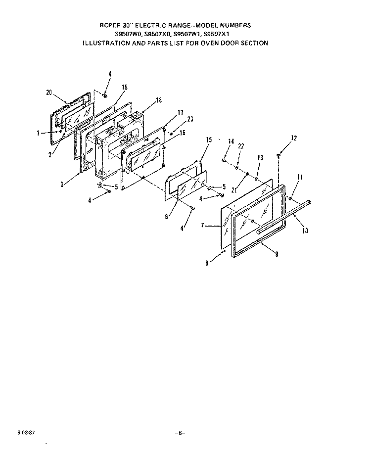 OVEN DOOR Diagram and Parts List for S9507W0  Roper Range