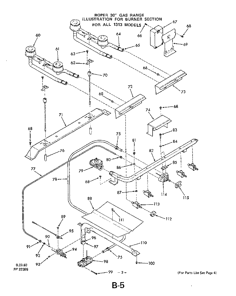 BURNER Diagram and Parts List for 1313^1A  Whirlpool Range