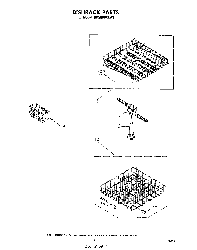 DISHRACK Diagram and Parts List for DP3800XLW1  Whirlpool Dishwasher