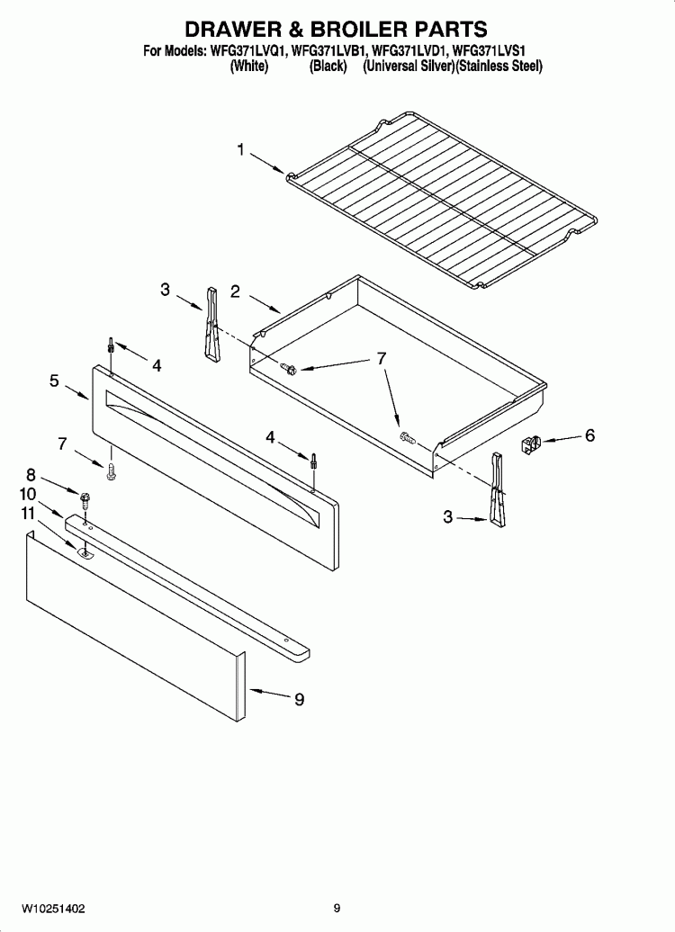DRAWER & BROILER PARTS, OPTIONAL PARTS Diagram and Parts List for WFG371LVQ1  Whirlpool Range