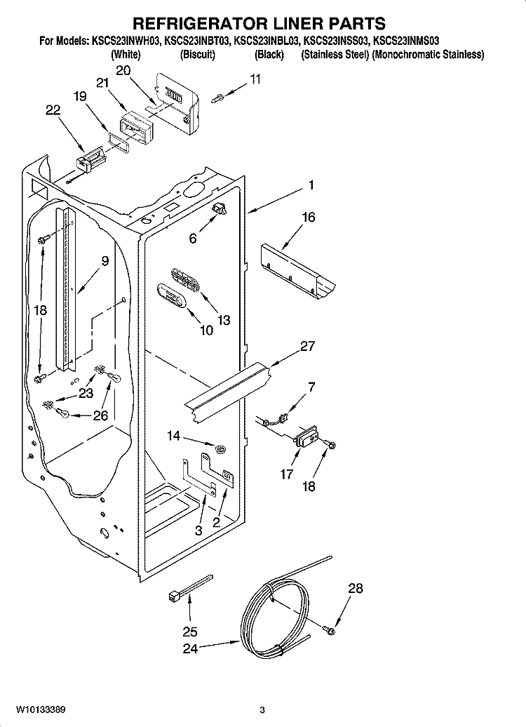 REFRIGERATOR LINER PARTS Diagram and Parts List for KSCS23INBT03  KitchenAid Refrigerator