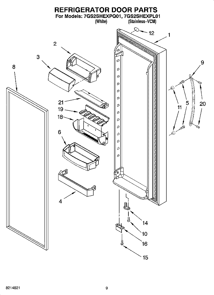 REFRIGERATOR DOOR PARTS Diagram and Parts List for 7GS2SHEXPL01  Whirlpool Refrigerator