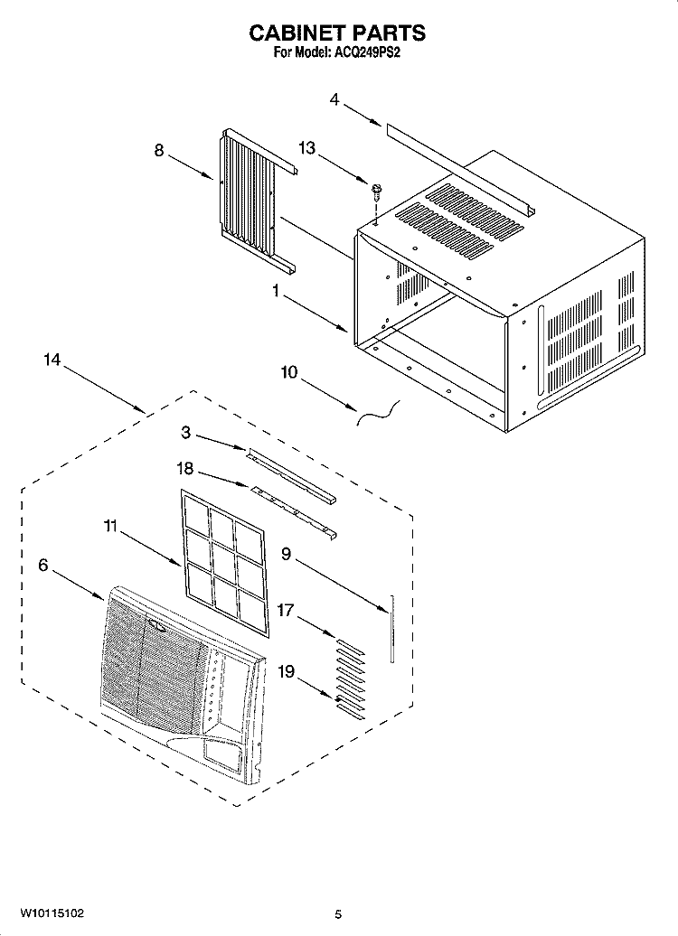 CABINET PARTS Diagram and Parts List for ACQ249PS2  Whirlpool Air Conditioner