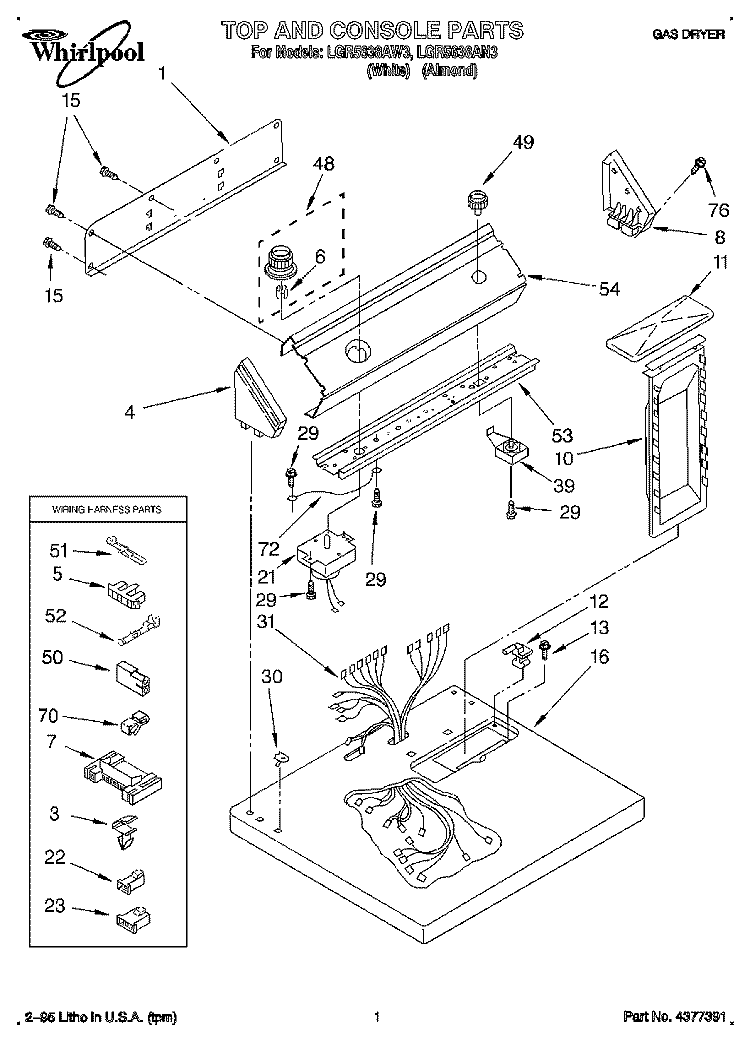 TOP AND CONSOLE, LIT/OPTIONAL Diagram and Parts List for LGR5638AN3  Whirlpool Dryer