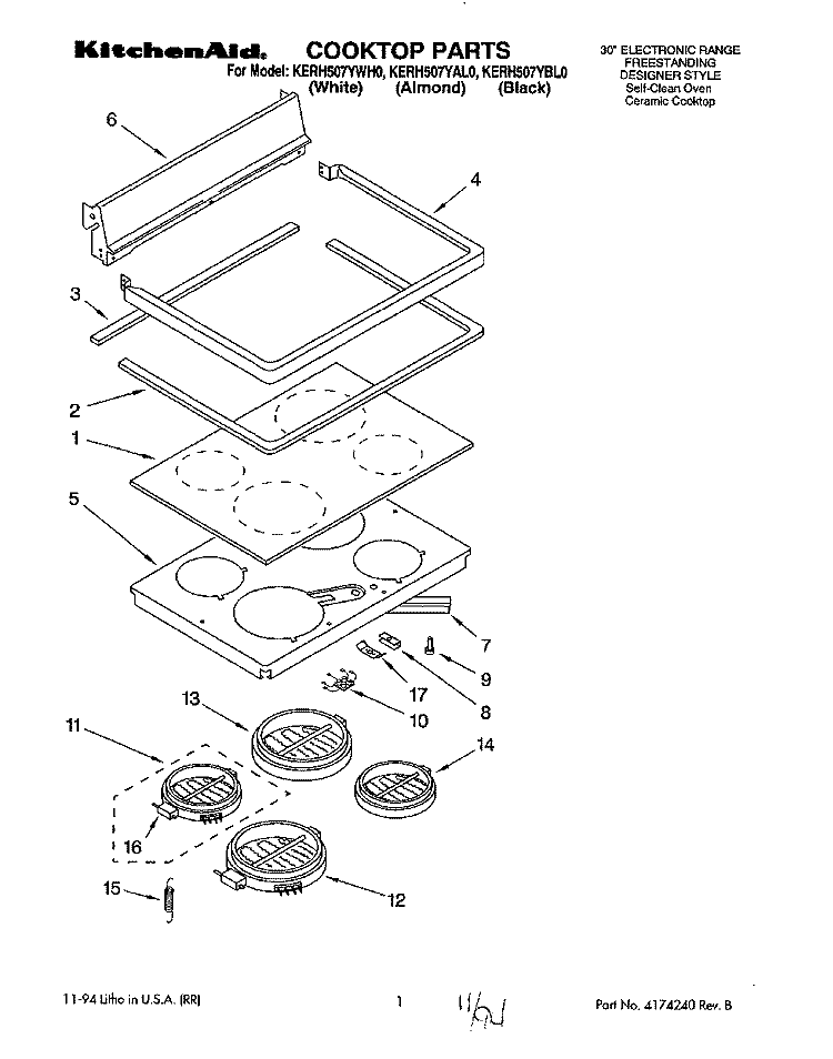 COOKTOP, LITERATURE Diagram and Parts List for KERH507YWH0  KitchenAid Range