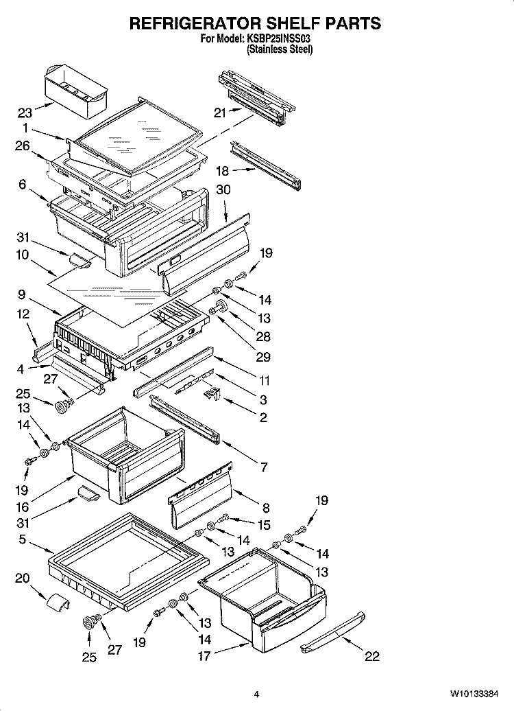 REFRIGERATOR SHELF PARTS Diagram and Parts List for KSBP25INSS03  KitchenAid Refrigerator