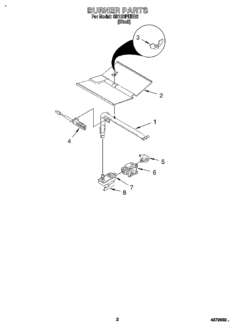 BURNER Diagram and Parts List for SB130PEDB2  Whirlpool Wall Oven
