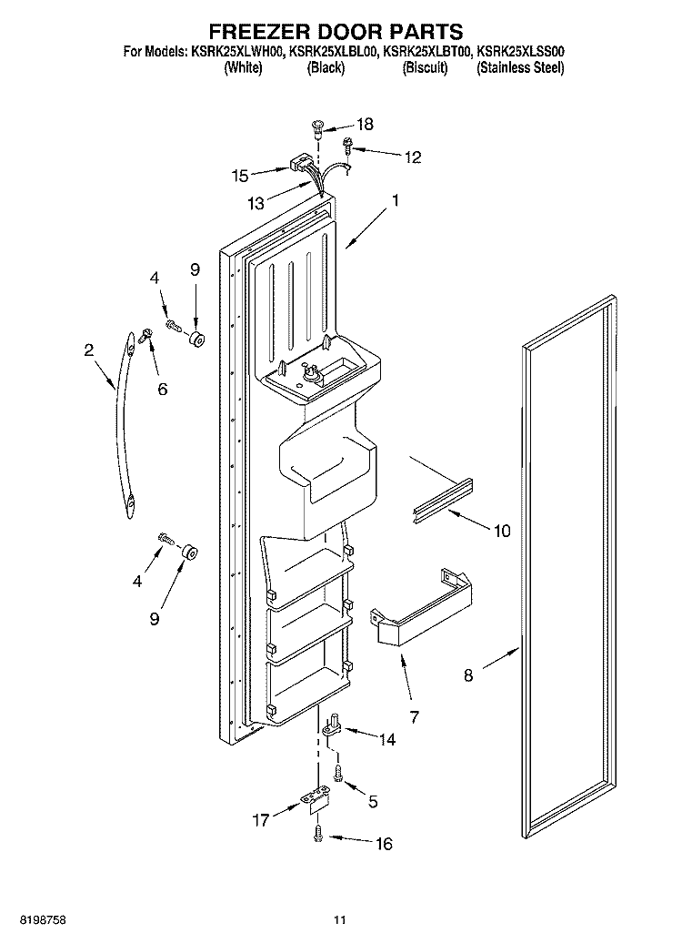FREEZER DOOR PARTS Diagram and Parts List for KSRK25XLBT00  KitchenAid Refrigerator