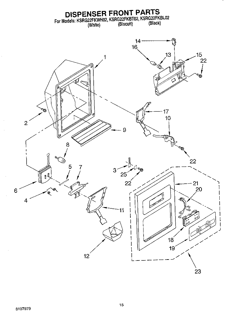 DISPENSER FRONT Diagram and Parts List for KSRG22FKBL02  KitchenAid Refrigerator