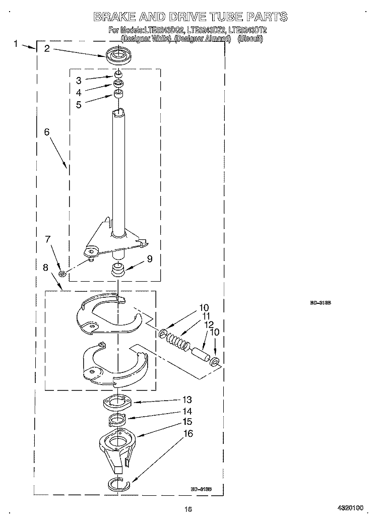 BRAKE AND DRIVE TUBE Diagram and Parts List for LTE5243DQ2  Whirlpool Washer Dryer Combo