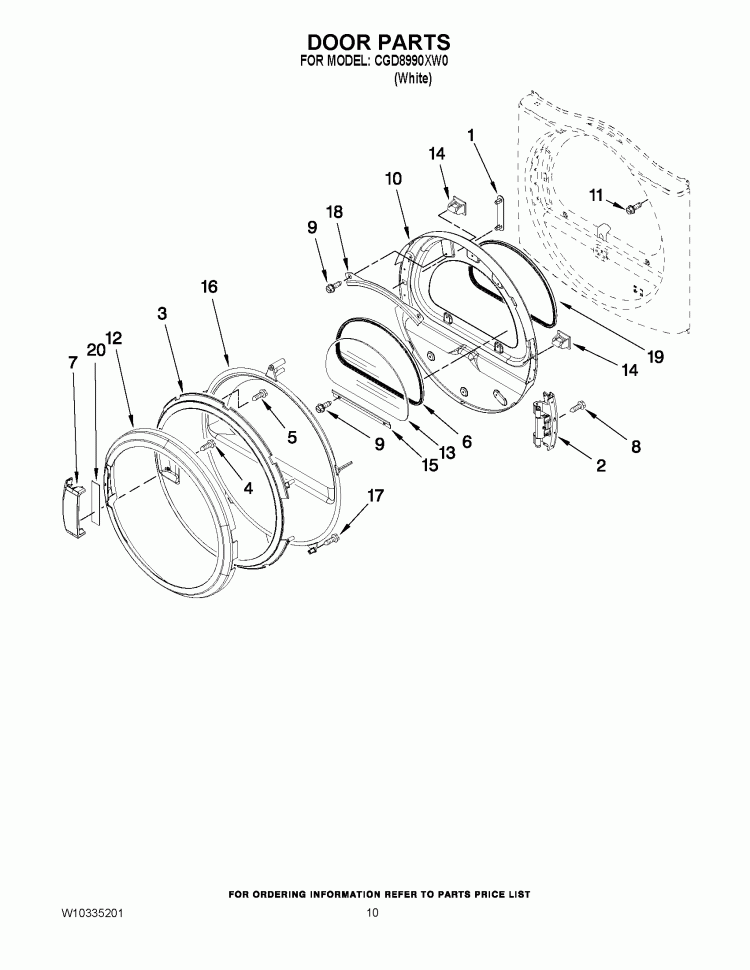 DOOR PARTS Diagram and Parts List for CGD8990XW0  Whirlpool Dryer