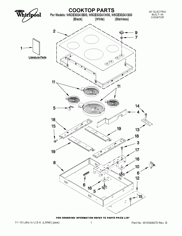 COOKTOP PARTS Diagram and Parts List for W5CE3024XS00  Whirlpool Cooktop