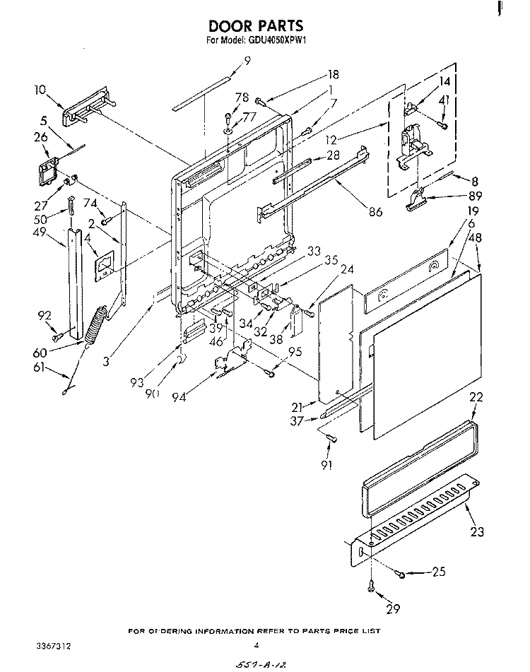 DOOR Diagram and Parts List for GDU4050XPW1  Whirlpool Dishwasher
