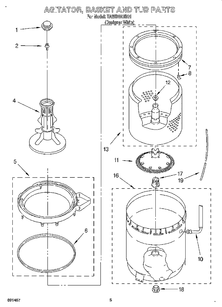 AGITATOR, BASKET AND TUB Diagram and Parts List for TAWB600EQ1  Estate Washer