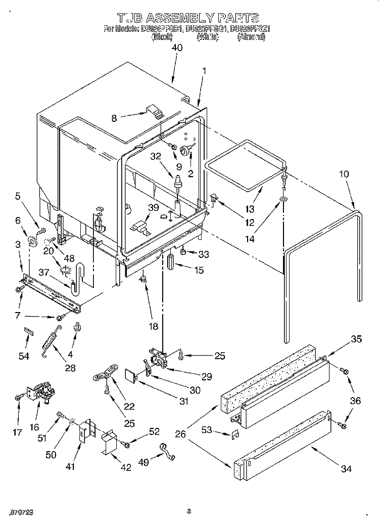TUB ASSEMBLY Diagram and Parts List for DU920PFGB1  Whirlpool Dishwasher