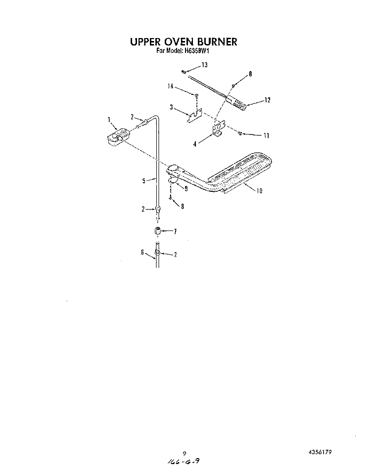 UPPER OVEN BURNER Diagram and Parts List for H6358W1  Roper Range