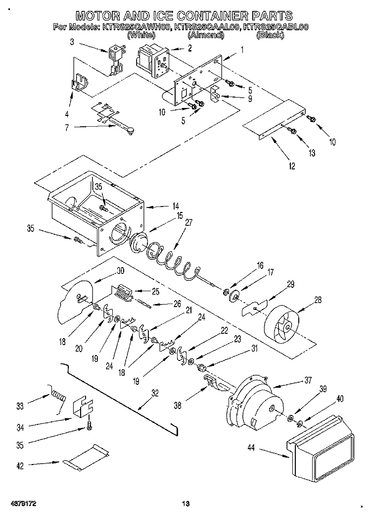 MOTOR AND ICE CONTAINER Diagram and Parts List for KTRS25QAAL00  KitchenAid Refrigerator