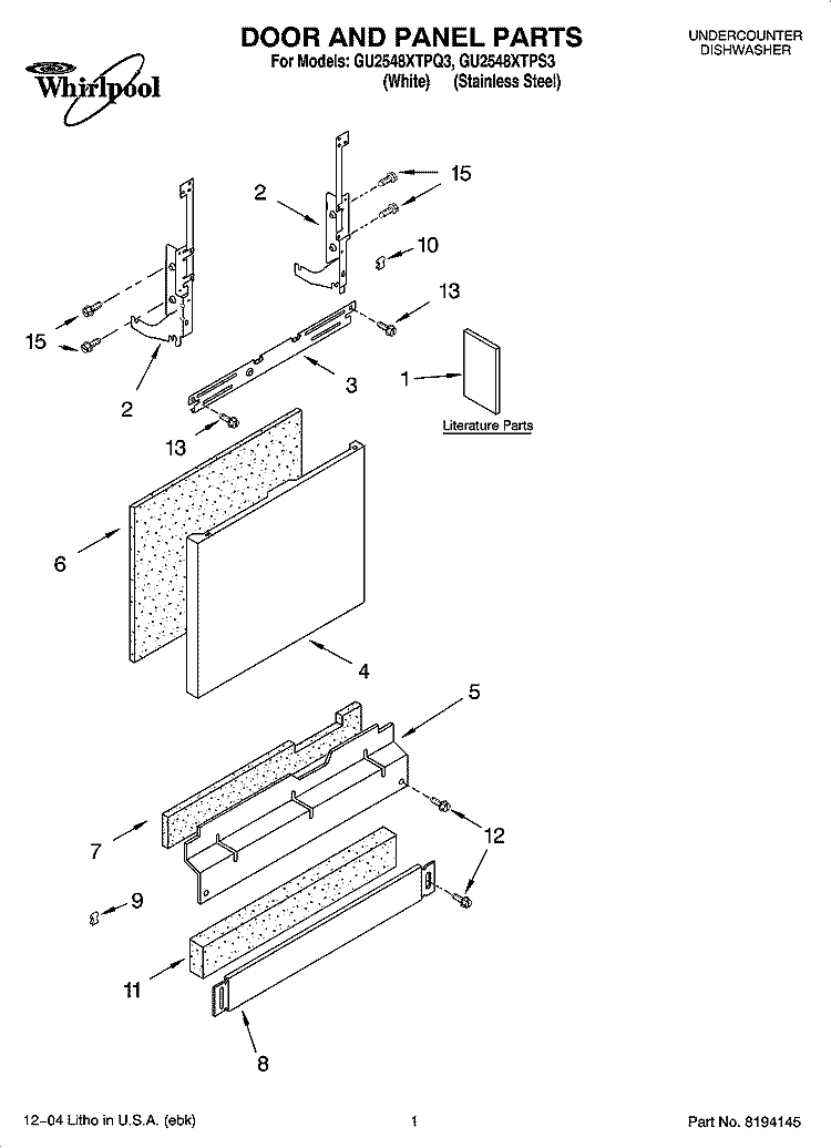 DOOR AND PANEL PARTS Diagram and Parts List for GU2548XTPS3  Whirlpool Dishwasher