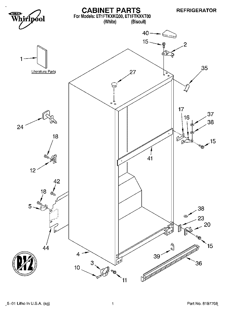 CABINET, LITERATURE Diagram and Parts List for ET1FTKXKQ00  Whirlpool Refrigerator