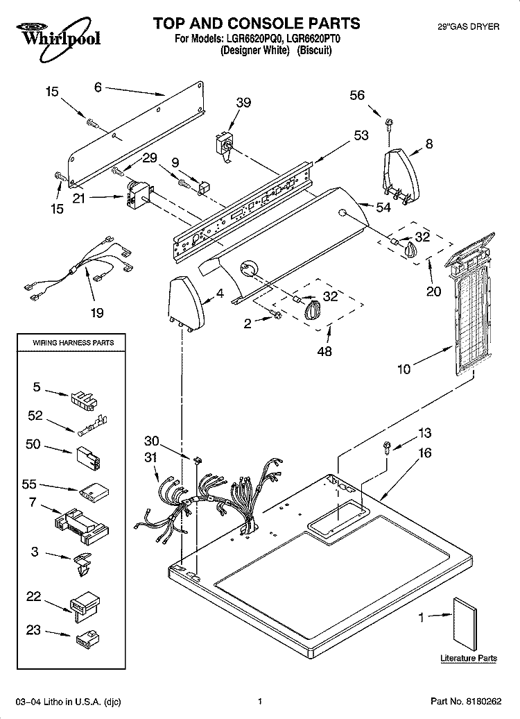 TOP AND CONSOLE PARTS Diagram and Parts List for LGR6620PQ0  Whirlpool Dryer