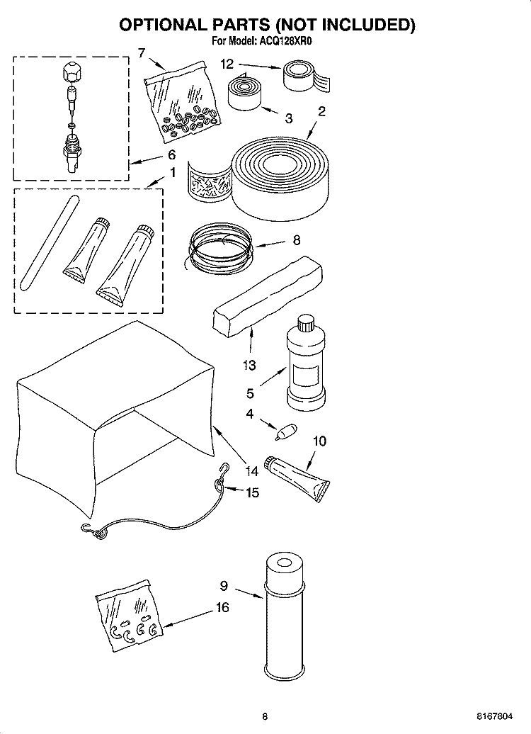 OPTIONAL  PARTS (NOT INCLUDED) Diagram and Parts List for ACQ128XR0  Whirlpool Air Conditioner
