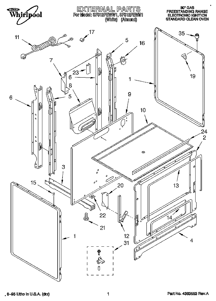 EXTERNAL Diagram and Parts List for SF312PEWW1  Whirlpool Range
