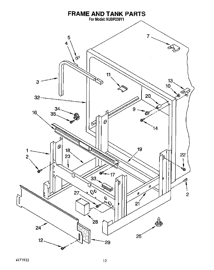 FRAME AND TANK Diagram and Parts List for KUDP230Y1  KitchenAid Dishwasher