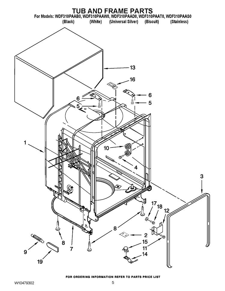 TUB AND FRAME PARTS Diagram and Parts List for WDF310PAAD0  Whirlpool Dishwasher