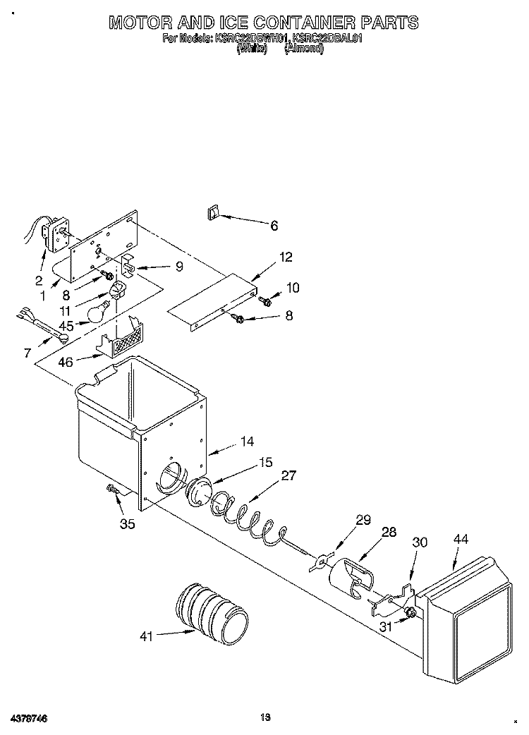 MOTOR AND ICE CONTAINER Diagram and Parts List for KSRC22DBWH01  KitchenAid Refrigerator