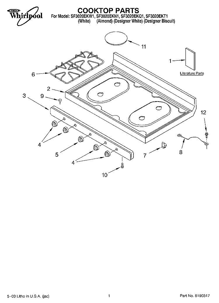 COOKTOP PARTS Diagram and Parts List for SF3020EKQ1  Whirlpool Range