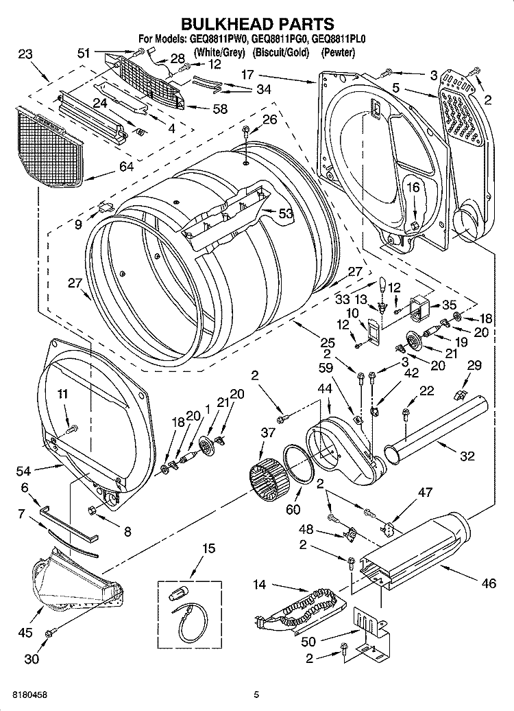BULKHEAD PARTS Diagram and Parts List for GEQ8811PL0  Whirlpool Dryer