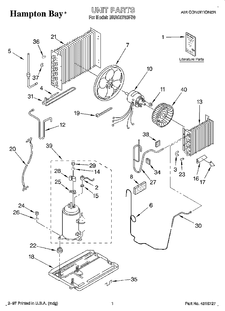 UNIT, LITERATURE Diagram and Parts List for BHAC0700FS0  Whirlpool Air Conditioner