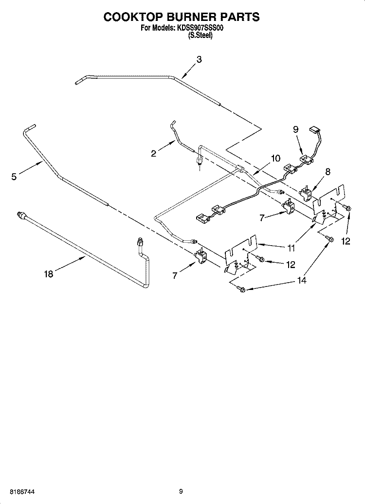 COOKTOP BURNER PARTS Diagram and Parts List for KDSS907SSS00  KitchenAid Range