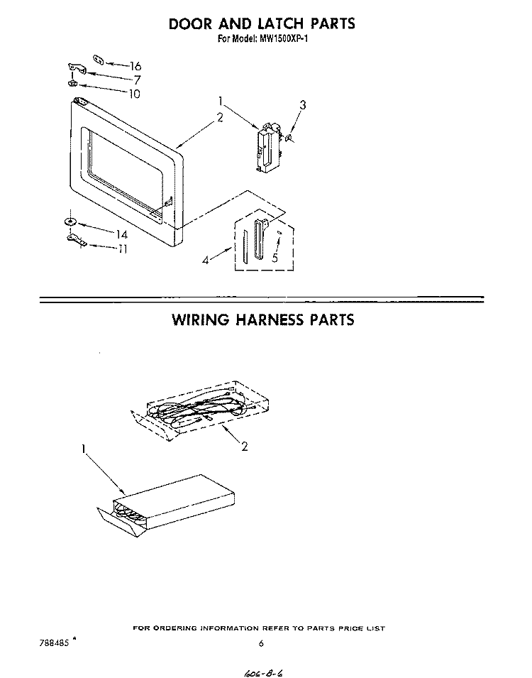 DOOR AND LATCH , WIRING HARNESS Diagram and Parts List for MW1500XP1  Whirlpool Microwave
