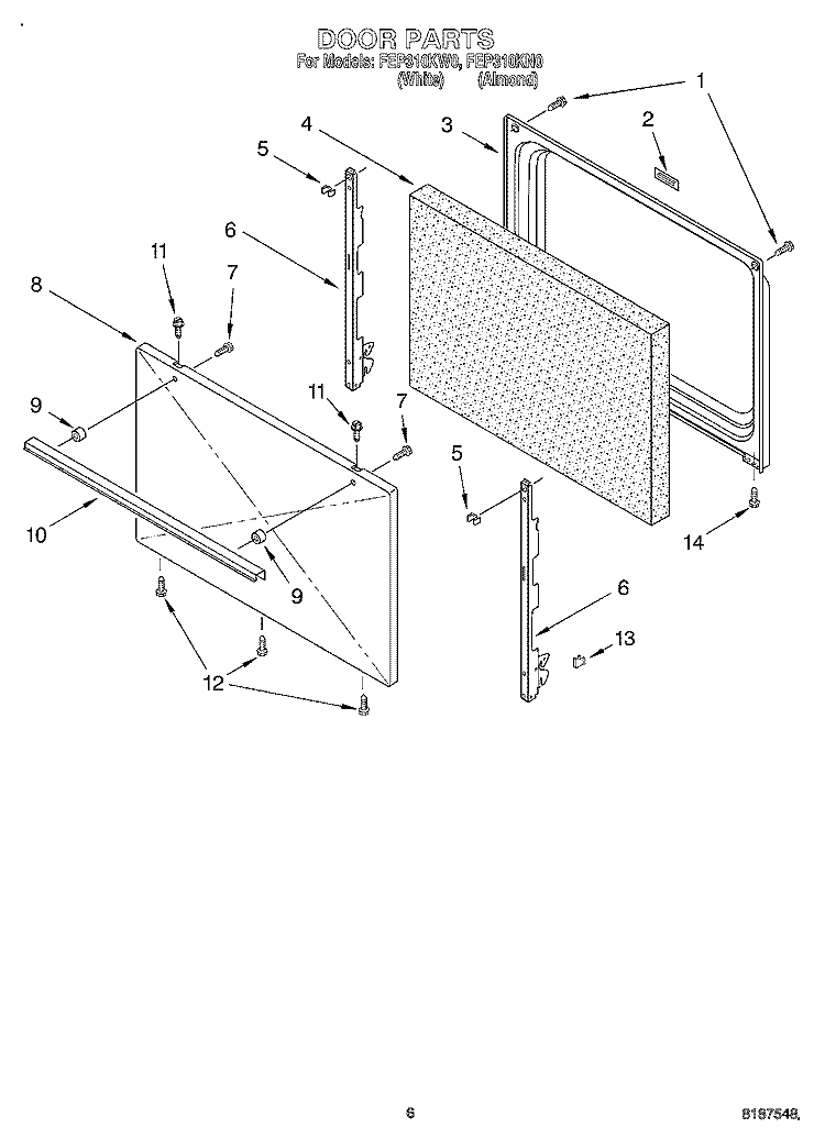 DOOR, OPTIONAL Diagram and Parts List for FEP310KW0  Roper Range